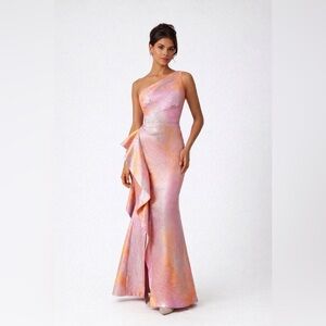 Teri Jon by Rickie Freeman
Jacquard One-Shoulder Ruffle Column Gown Prom Bridal